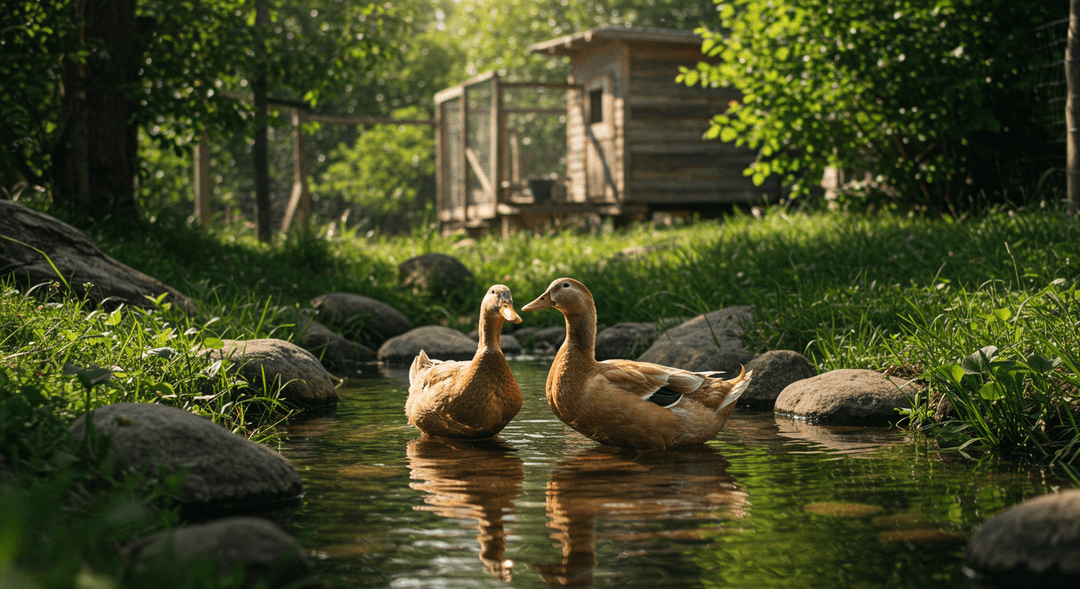 Two Khaki Campbell ducks, one with a slightly darker head, swim in clear, shallow water surrounded by verdant green plants. The ducks are calm and healthy, illustrating a thriving homestead environment. Soft sunlight illuminates the scene, highlighting the natural beauty of the pond and the surrounding foliage.