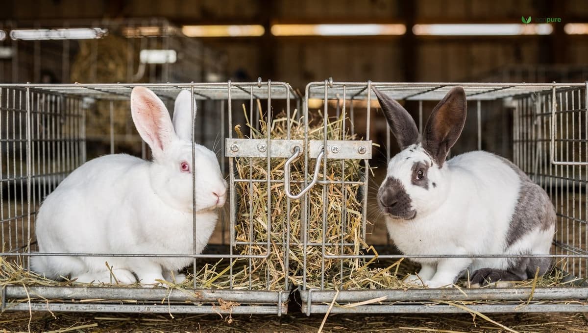 Two meat rabbit breeds side by side in clean wire hutches: a pure white New Zealand White doe and a white Californian with dark points on ears and nose, hay racks visible, no people