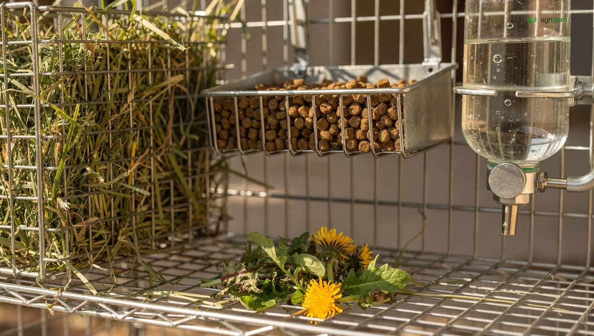 A meat rabbit feeding station: a hopper of high-fiber pellets, a full hay rack of grass hay, fresh dandelion and leafy greens, and a water bottle on a clean wire hutch, no people