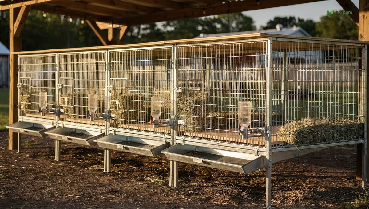 A row of raised galvanized wire meat-rabbit hutches under a shade roof, each with a pull-out dropping tray, a solid resting board on the wire floor, hay racks and water bottles, no people