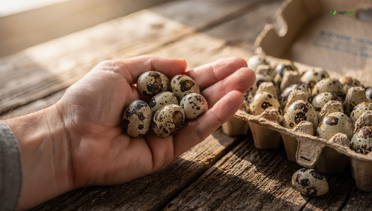 A cupped hand holding several small cream-and-brown speckled Coturnix quail eggs beside an open carton of more quail eggs on a wooden table, in natural light, no people in frame except the hand