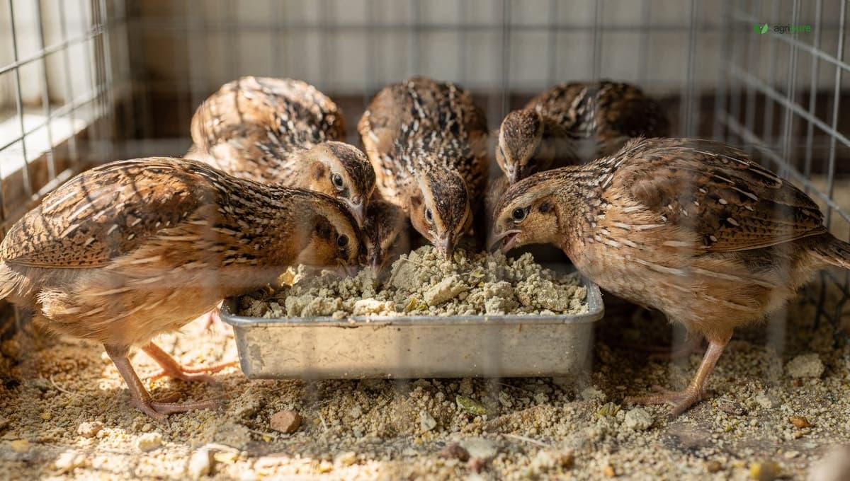 A covey of tan-and-brown Coturnix quail clustered around a low feeder trough of crumbled game-bird starter inside a wire cage, heads down feeding, in soft natural light, no people
