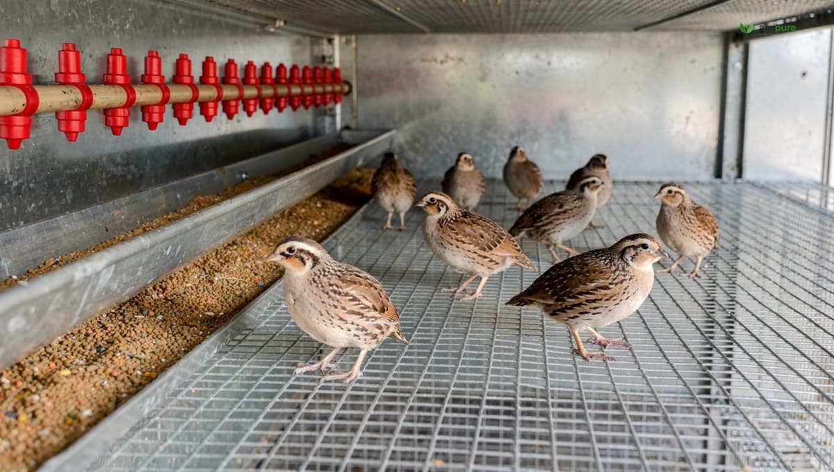 Coturnix quail standing on the quarter-inch wire-mesh floor of a clean colony cage with a low ceiling, a feeder trough along one side and a nipple waterer, in soft daylight, no people