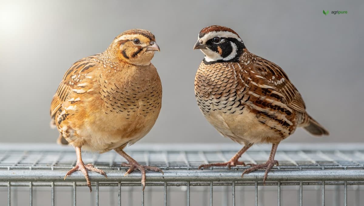 Two quail species compared side by side: a plump tan-and-brown Coturnix quail and a smaller, more sharply marked Northern Bobwhite, on a clean wire surface, no people