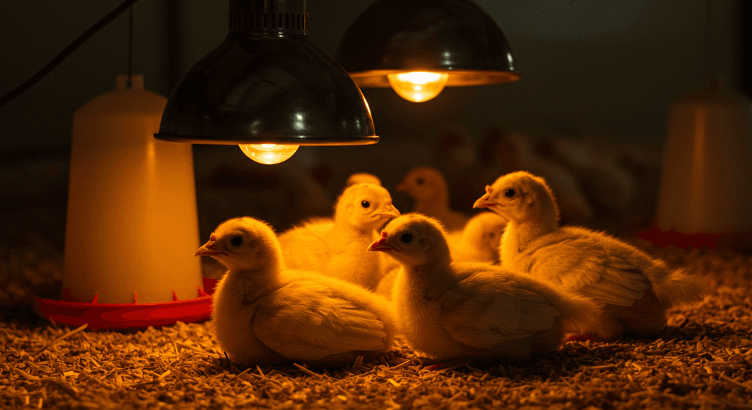 A close-up view of several fluffy, light brown turkey poults nestled together under a glowing heat lamp in a clean brooder, emphasizing their warmth and early stage of development.