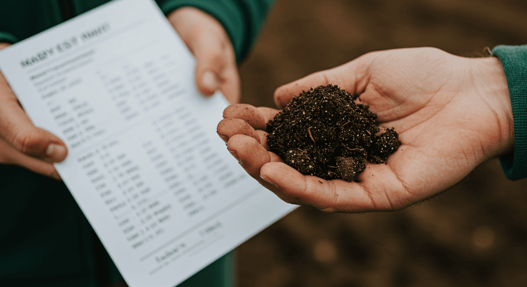 A farmer's hand holds a small clump of dark, healthy soil, with a blurred soil test report displaying numerical values in the background, symbolizing the analysis of soil organic carbon levels.