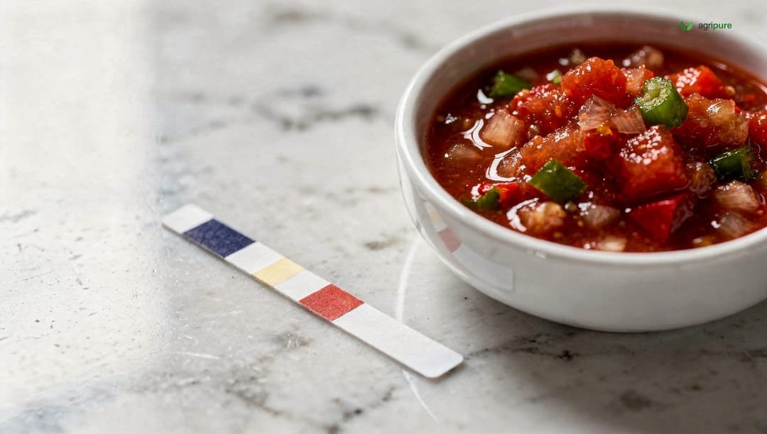 Close-up of a pH test strip beside a bowl of fresh salsa ingredients — tomatoes, peppers, onion — showing the importance of measuring acidity