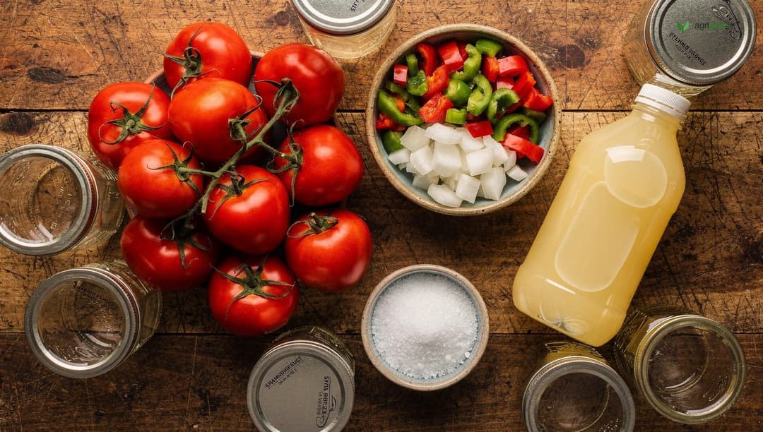 Overhead shot of fresh salsa ingredients laid out for canning — a pile of ripe red tomatoes, bowls of diced onion and mixed peppers, a bottle of lemon juice, and canning salt on a wooden surface
