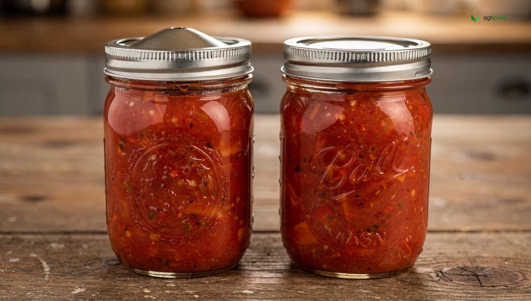 A canning jar of salsa with a concave sealed lid beside a jar with a slightly domed unsealed lid, on a wooden surface — showing the difference between a good seal and a failed one