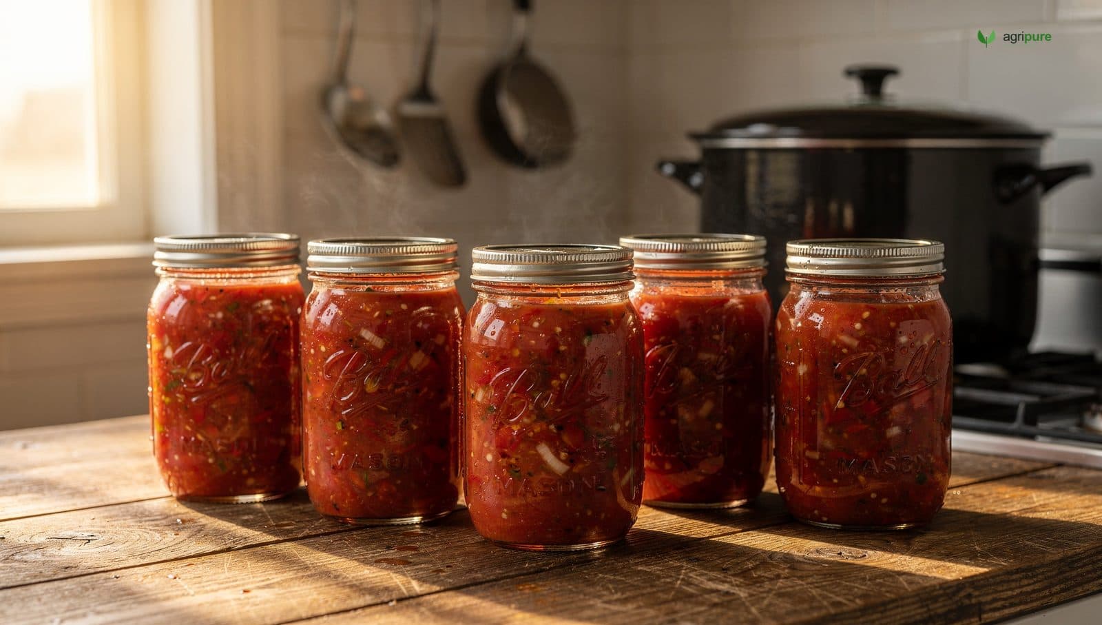 Rows of sealed pint jars of homemade tomato salsa cooling on a wooden counter beside a boiling water bath canner, summer kitchen light