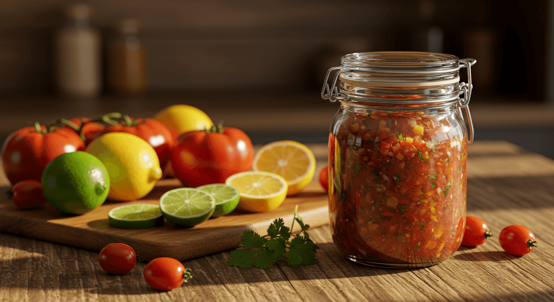 A close-up photograph on a rustic wooden kitchen counter featuring a sealed glass canning jar overflowing with vibrant homemade salsa. Fresh, ripe red and orange heirloom tomatoes, sliced green limes, and yellow lemons are artfully arranged around the jar, highlighting the ingredients for safe salsa canning.