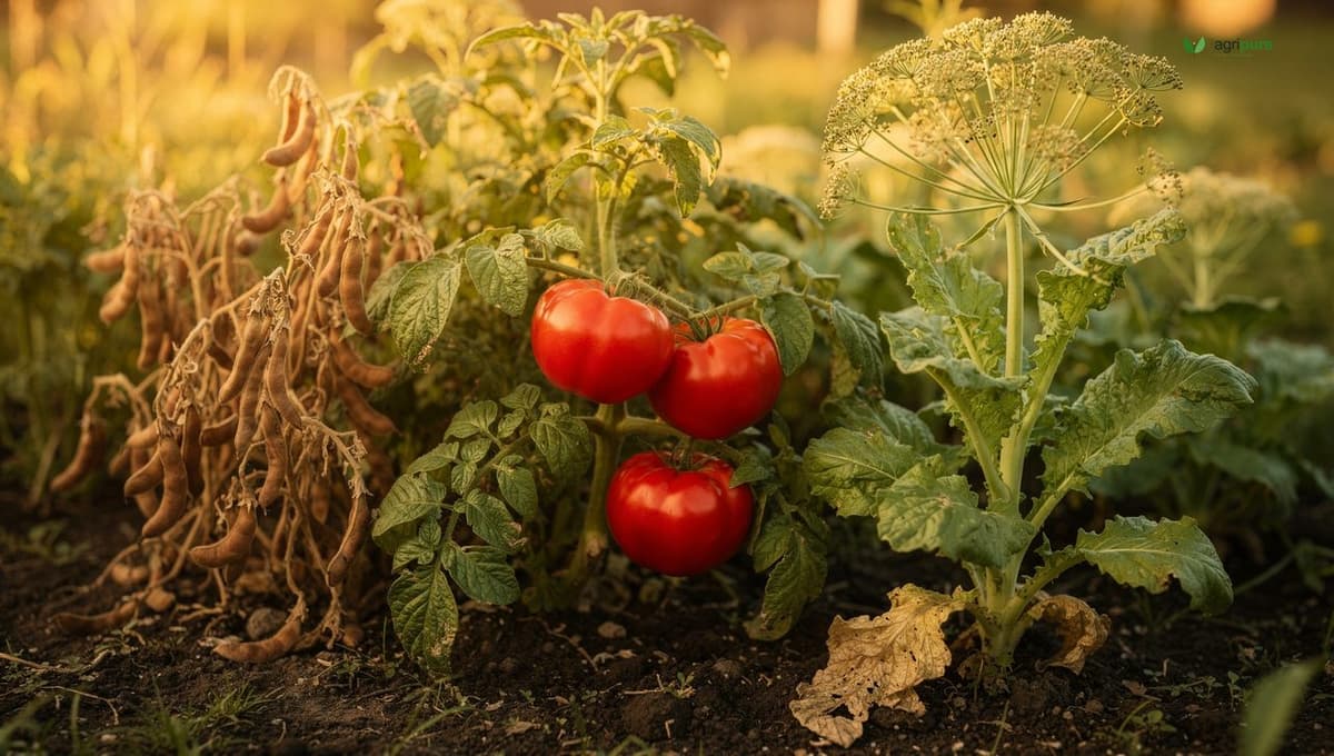 Ripe red heirloom tomatoes, dry bean pods, and a bolting lettuce plant gone to seed together in a summer vegetable garden bed