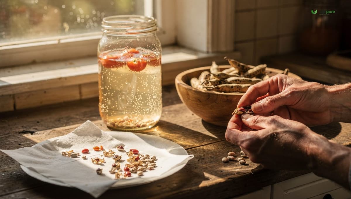 A glass jar of tomato seeds and gel fermenting on a windowsill beside a bowl of dry bean pods being shelled by hand