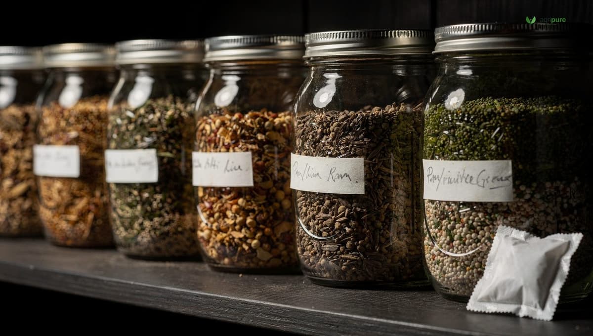 Labeled glass mason jars of dried garden seeds with a small silica-gel desiccant packet, stored on a cool dark shelf