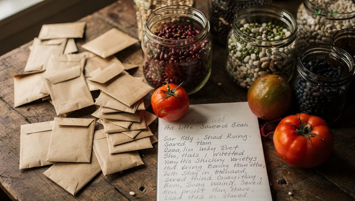 A kitchen table covered with labeled paper seed envelopes, open jars of saved beans and peas, and a notebook recording variety names and the year