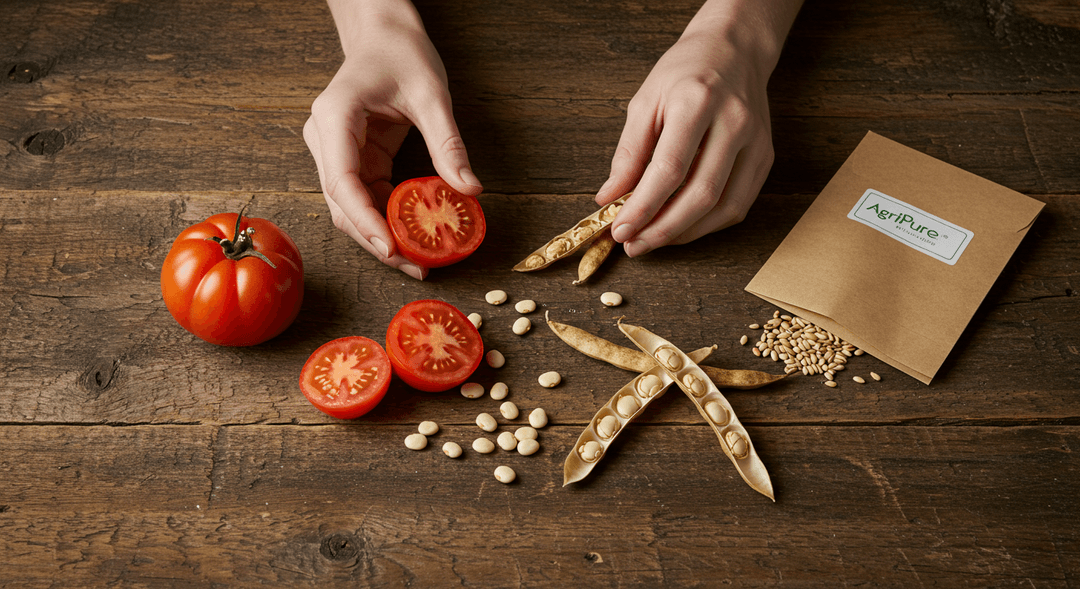 Hands carefully extracting seeds from a ripe, red heirloom tomato and dried bean pods, illustrating the process of seed saving on a wooden surface.