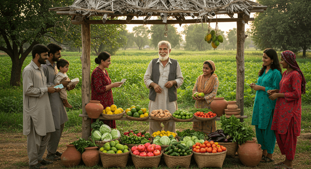 A photorealistic image of a smiling Pakistani smallholder farmer directly selling a vibrant array of organic fruits and vegetables from a rustic farm gate to appreciative customers, with a lush agroforest in the background.