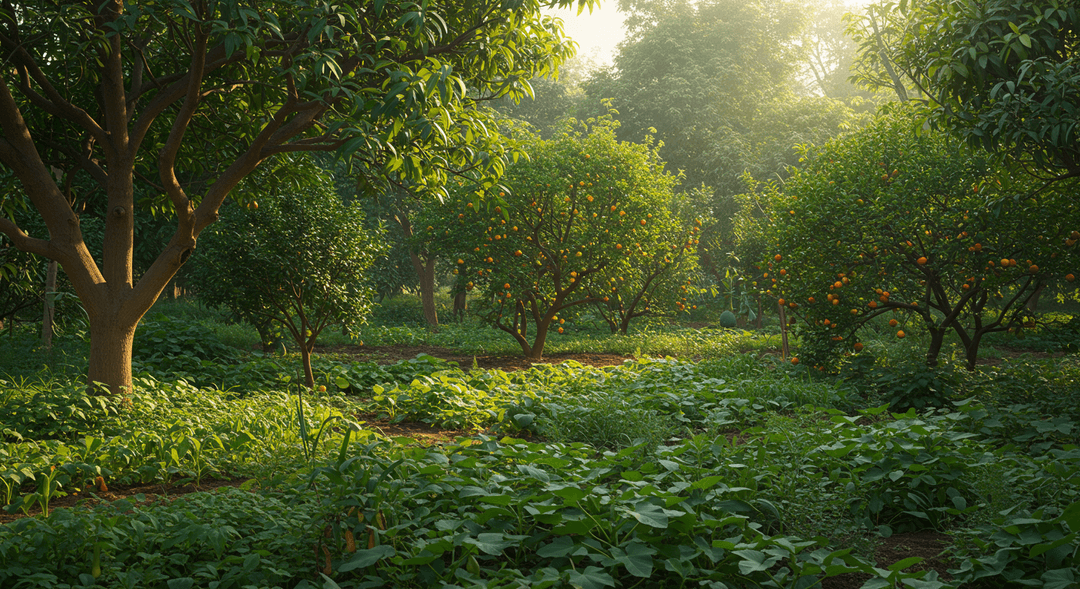 A diverse and abundant seven-layer food forest on a Pakistani smallholding, showcasing towering mango trees, beneath which thrive citrus, guava, pomegranate bushes, herbaceous plants like chili and okra, and ground cover such as sweet potato. The scene is bathed in natural light, highlighting the lush green foliage.