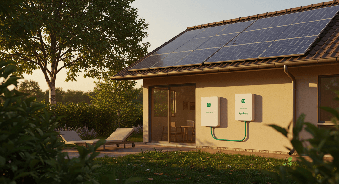 A photorealistic image showing a modern, sustainable home with prominent rooftop solar panels and a wall-mounted home battery storage system. The setting is a verdant, sunlit landscape, symbolizing clean energy and self-sufficiency.