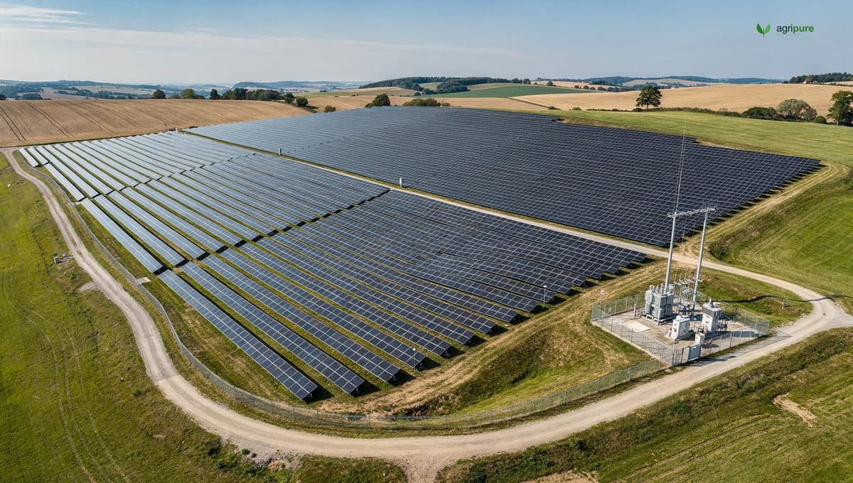 Aerial view of a utility-scale solar farm laid out in parallel rows across gently sloping farmland with an access road and substation at the edge