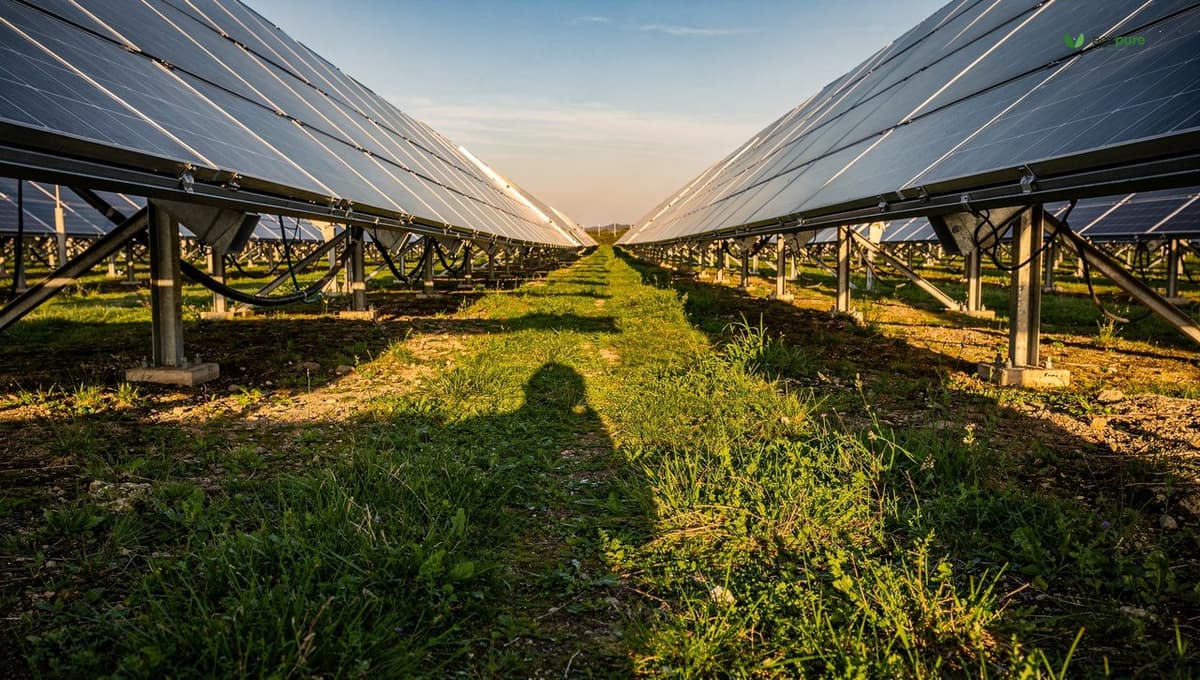 Ground-level view of the spacing and shadow between two rows of tilted solar panels in low afternoon light
