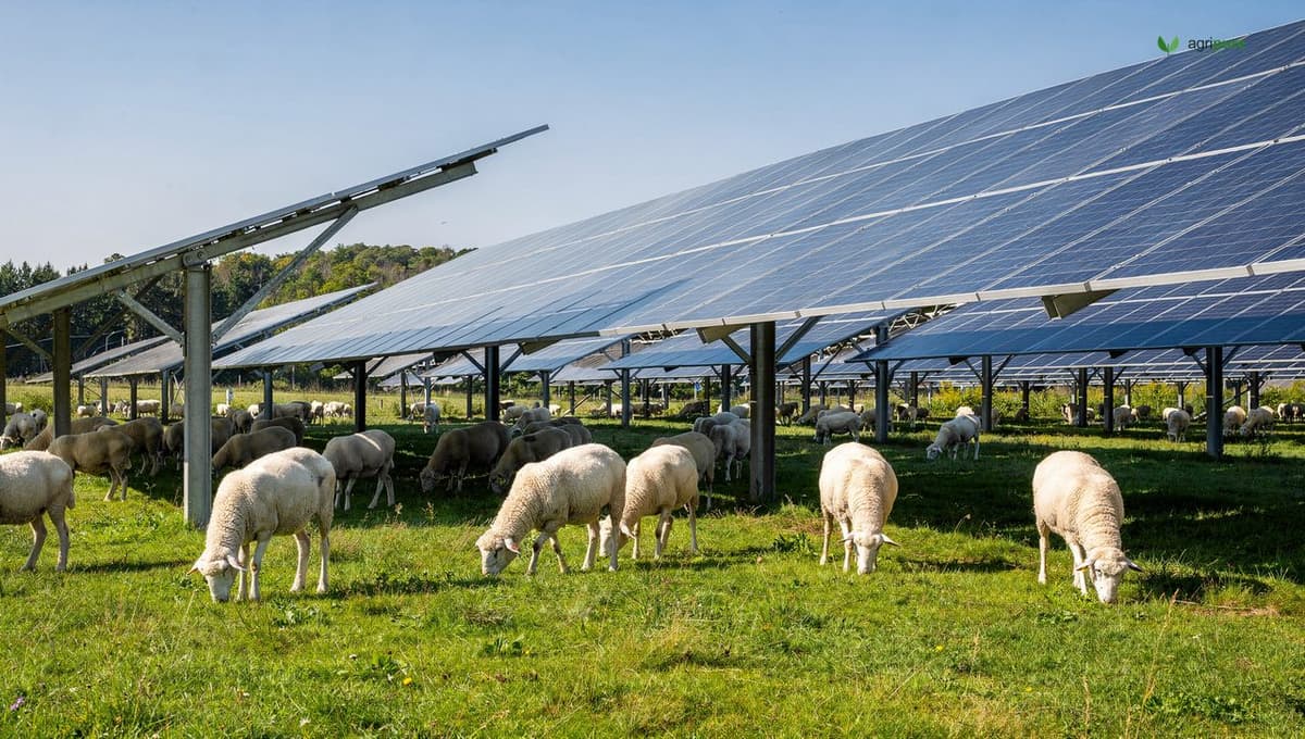 A flock of sheep grazing on pasture beneath and between rows of elevated solar panels at an agrivoltaic farm