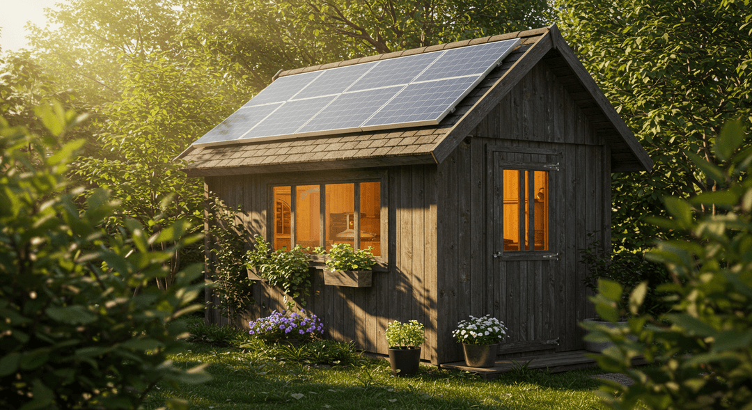 A rustic wooden shed, illuminated by gentle sunlight, with solar panels neatly installed on its dark green roof. The shed is nestled in a vibrant garden, suggesting self-sufficiency and sustainable energy use. A subtle warm light glows from inside the shed.