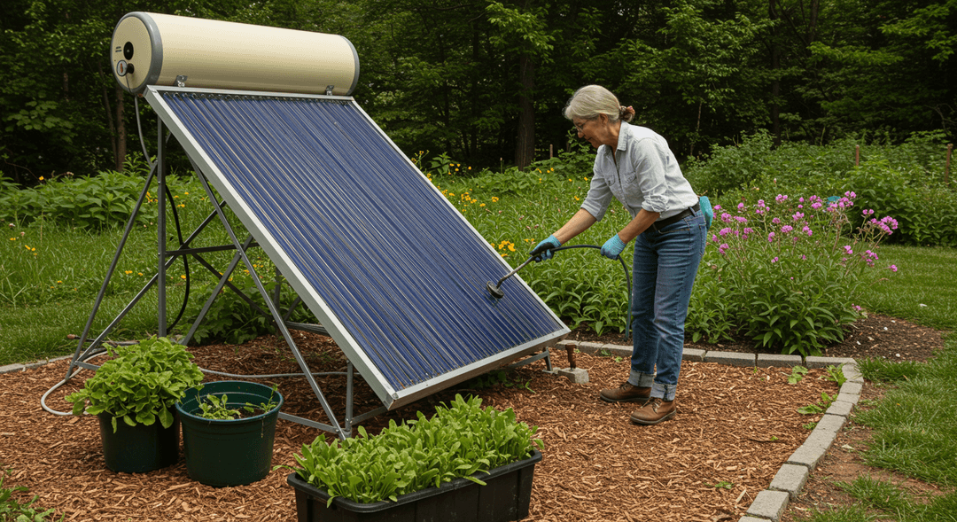 Flat plate solar water heater collector panels installed on a residential roof.