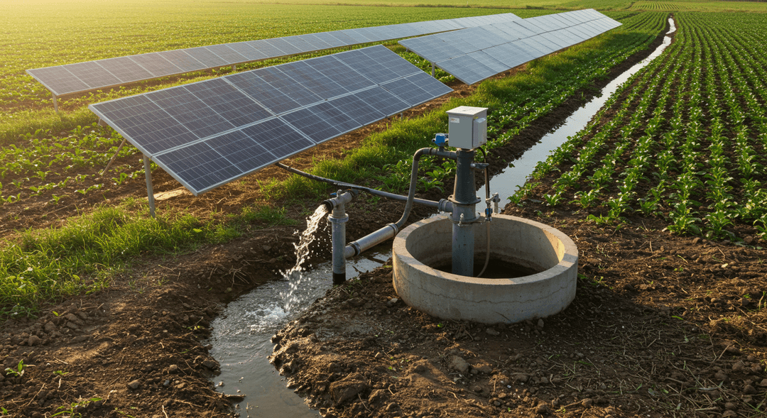 A high-angle, photorealistic image showcasing an active solar water pump system in a thriving agricultural landscape. Sunlight illuminates an array of ground-mounted solar panels, which power a pump drawing water from a well. The pumped water creates a steady flow into a small, expertly constructed irrigation ditch, nourishing green crops that stretch into the distance. The setting suggests sustainable farming practices and efficient water management.