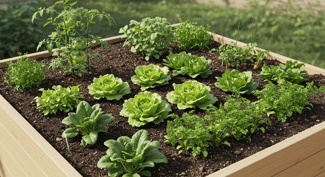 A bird's-eye view of a square-foot garden bed, meticulously organized into 16 one-foot squares. The squares showcase various plant densities: a large tomato plant in one, four lettuce plants in another, nine spinach plants, and sixteen carrot seedlings, illustrating efficient space utilization. The garden bed is set on a light-colored patio.