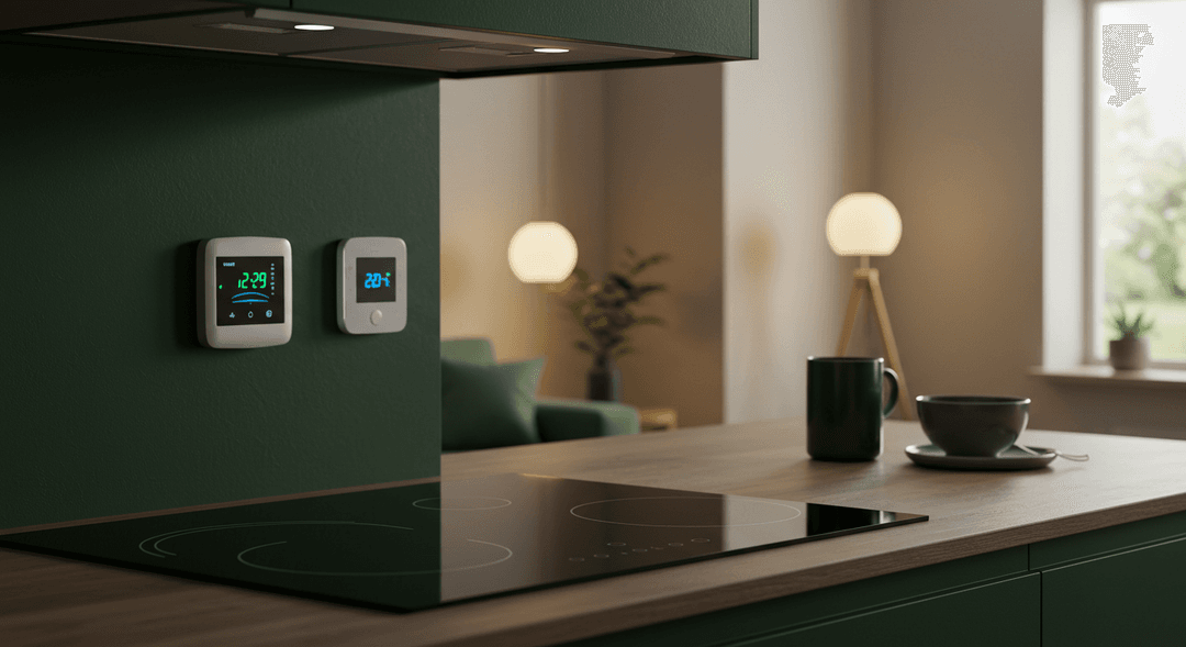 An editorial photograph depicting a modern, energy-efficient home interior. The foreground shows a gleaming induction cooktop in a minimalist kitchen. In the background, a cozy living space is softly illuminated by natural light, featuring a discrete smart thermostat on the wall, and subtle green decorative accents.