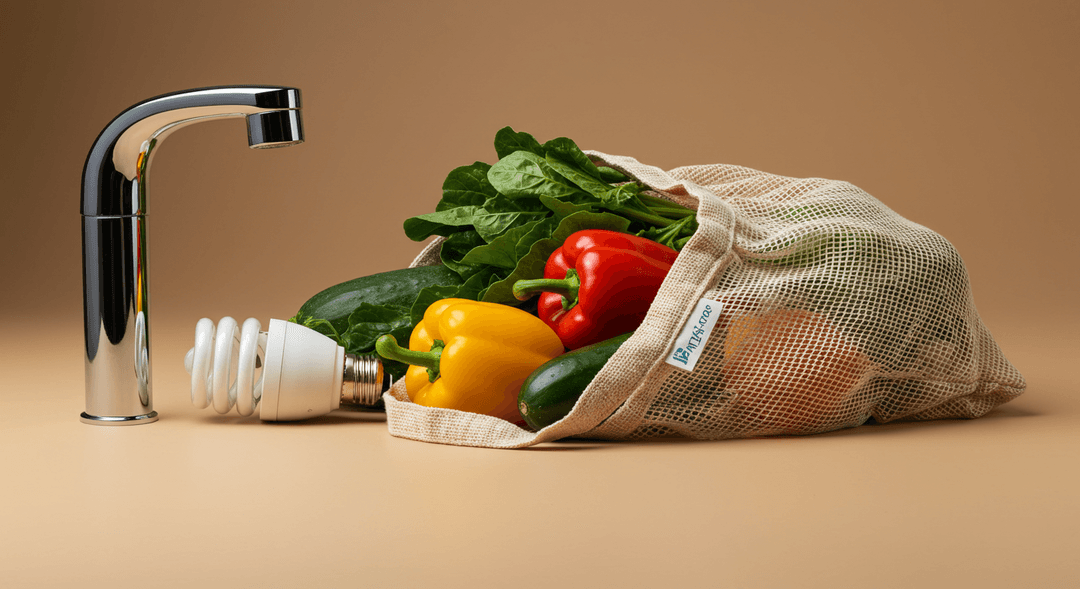 A meticulously composed still life representing sustainable living habits. A cream-colored reusable canvas tote bag is filled with colorful, fresh organic produce including green leafy vegetables and orange carrots. Beside the bag, a modern LED lightbulb stands upright, and a sleek, silver low-flow faucet attachment is visible. The objects are arranged on a light, warm background with gentle lighting, symbolizing eco-conscious choices in waste, energy, and water.