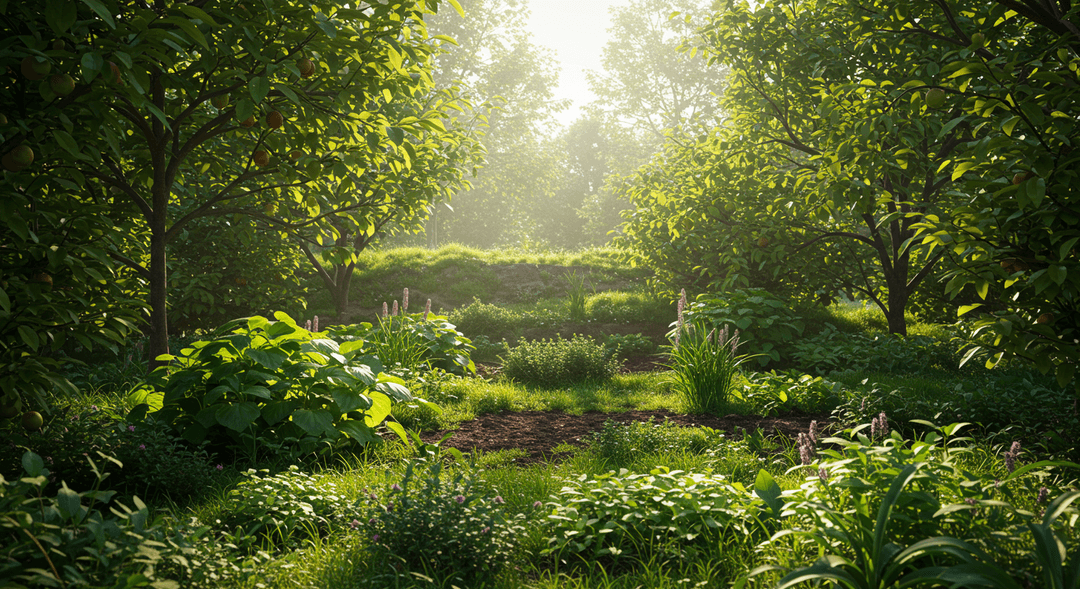 A photorealistic image showing a vibrant, densely planted syntropic food forest. Various layers of vegetation are visible, from tall fruit trees in the canopy to mid-level shrubs and groundcovers, illustrating a thriving ecosystem where natural forest succession has been accelerated for food production.