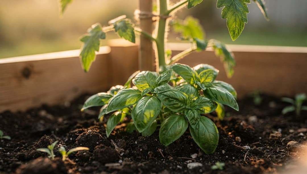 Sweet basil growing in dark soil at the base of a staked tomato plant, leaves catching morning light in a raised bed.