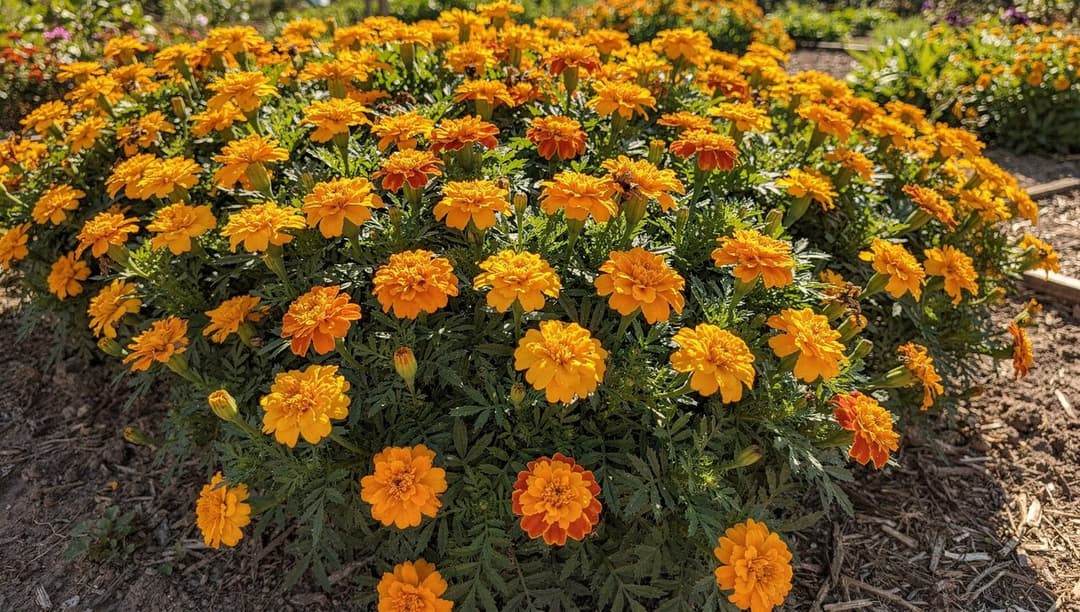 A dense block of orange and yellow marigolds flowering in a garden bed in full sun, grown as a cover crop before tomatoes.