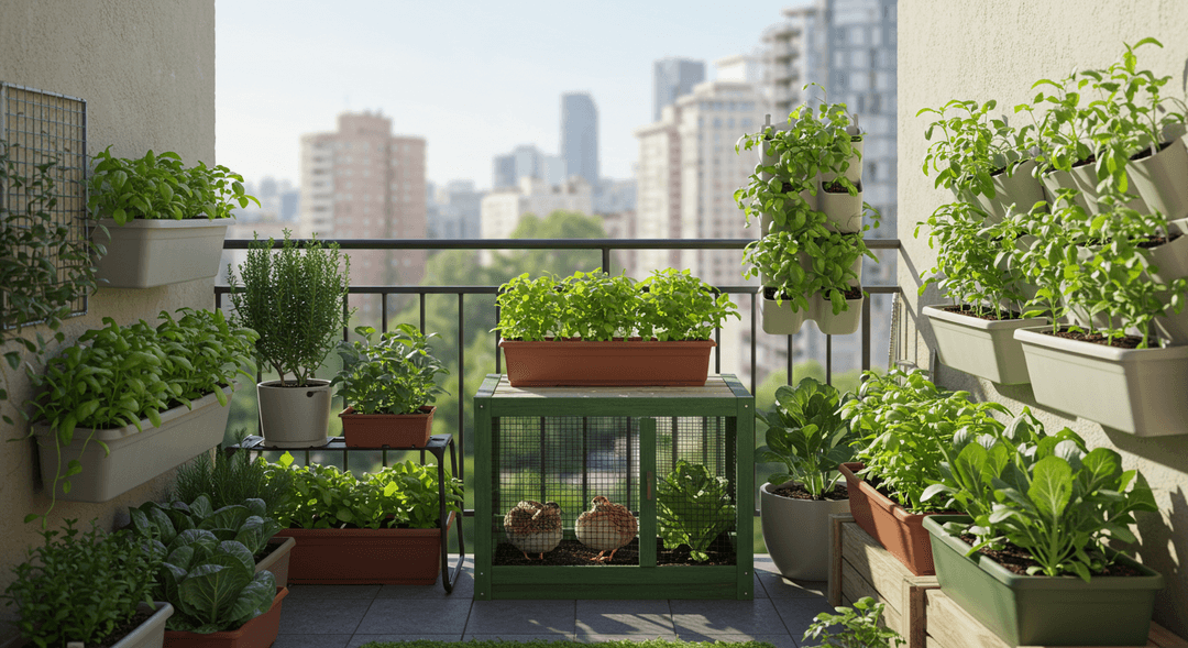 A thriving urban homestead on a city balcony features a variety of edible plants in containers and vertical gardens, including leafy greens and herbs. A small, clean quail enclosure is visible, with a blurred city skyline in the background, illustrating self-sufficient city living.