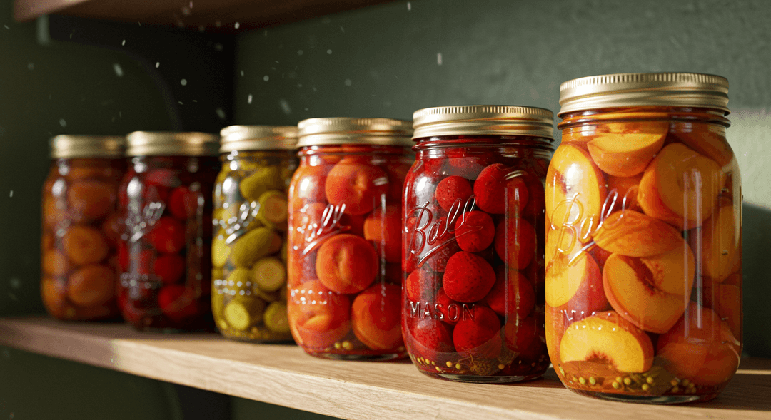 A photorealistic close-up view of three sealed mason jars filled with water-bath canned produce: one with bright red strawberry jam, one with green pickled cucumber slices, and one with golden peach halves, all sitting on a warm wooden shelf. Soft natural light illuminates the jars, showcasing the preserved food.