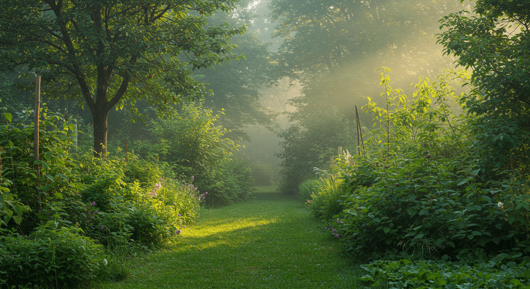 A dense, multi-layered food forest bathed in soft morning light, featuring tall fruit trees, medium-sized berry bushes, and ground-covering herbs, all growing together in an integrated edible ecosystem. The scene is vibrant and healthy, illustrating the concept of stacked vertical production in a naturalized setting.