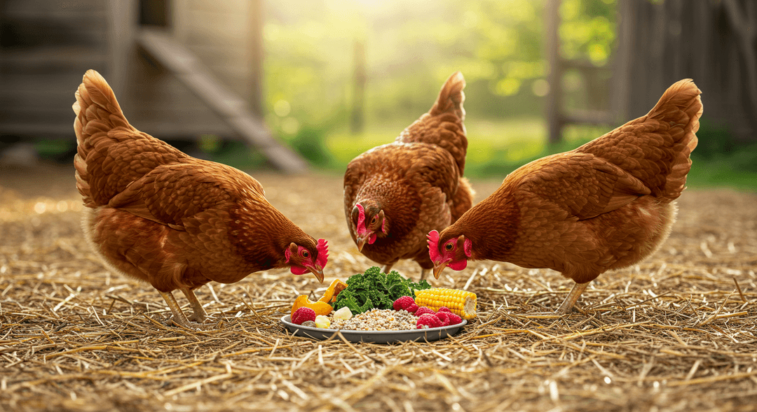 Three healthy chickens, a Rhode Island Red, a Plymouth Rock, and a Leghorn, are happily pecking at a small pile of fresh, nutritious kitchen scraps like kale and berries on clean straw. In the soft-focus background, a rustic wooden coop and green foliage are visible, under bright natural light.