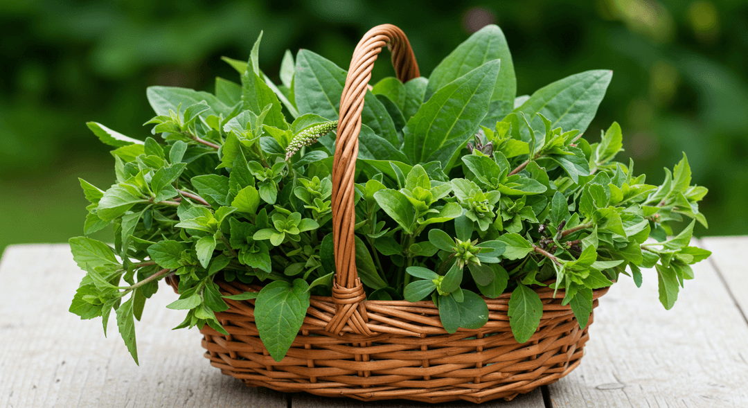 A rustic woven basket holds a fresh harvest of various wild edible greens, including dandelion, purslane, plantain, lamb's quarters, chickweed, and violet leaves, arranged artfully on a light wooden surface in soft natural light.