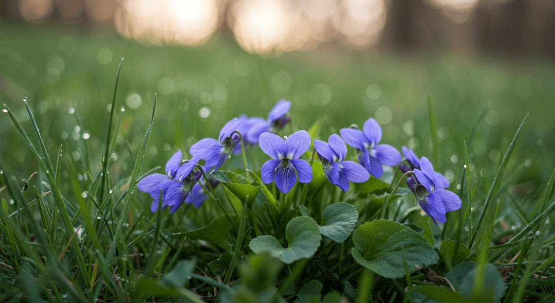 Close-up, photorealistic image of common blue violets (Viola sororia) with deep blue-purple, five-petal flowers and prominent heart-shaped green leaves growing abundantly in a dewy lawn, illustrating their typical appearance in a natural setting.