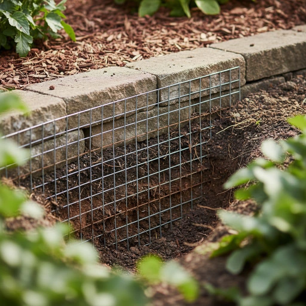 Close-up of hardware cloth buried 18 inches deep around the base of a raised garden bed, protecting against voles.
