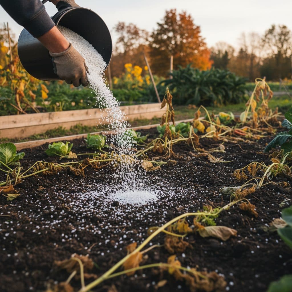 A gardener broadcasting white pelletized agricultural limestone across dark garden soil in an autumn vegetable bed.