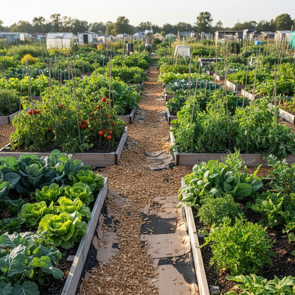 A neat British allotment plot showing clean wood chip paths over cardboard separating raised vegetable beds filled with lush crops.