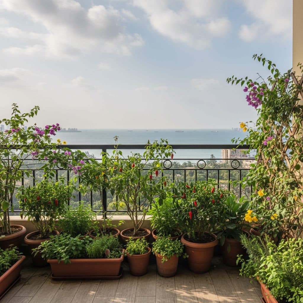 A lush green balcony garden in a Mumbai high-rise apartment overlooking the Arabian Sea, filled with potted herbs, chilli plants, and flowering creepers.