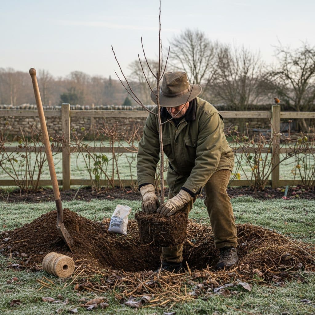 A gardener in the UK planting a dormant bare root apple tree into well-prepared garden soil during mild winter weather.