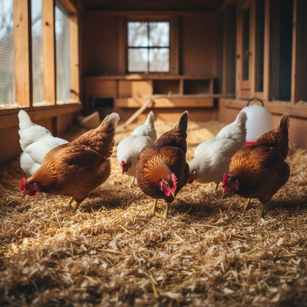 A clean wooden chicken coop floor covered in a deep layer of golden pine shavings and chopped straw with healthy laying hens foraging in winter light.