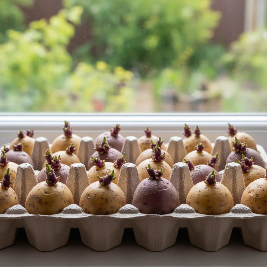 Seed potatoes arranged with eyes facing upward in recycled cardboard egg cartons placed on a bright windowsill showing sturdy green and purple chits.