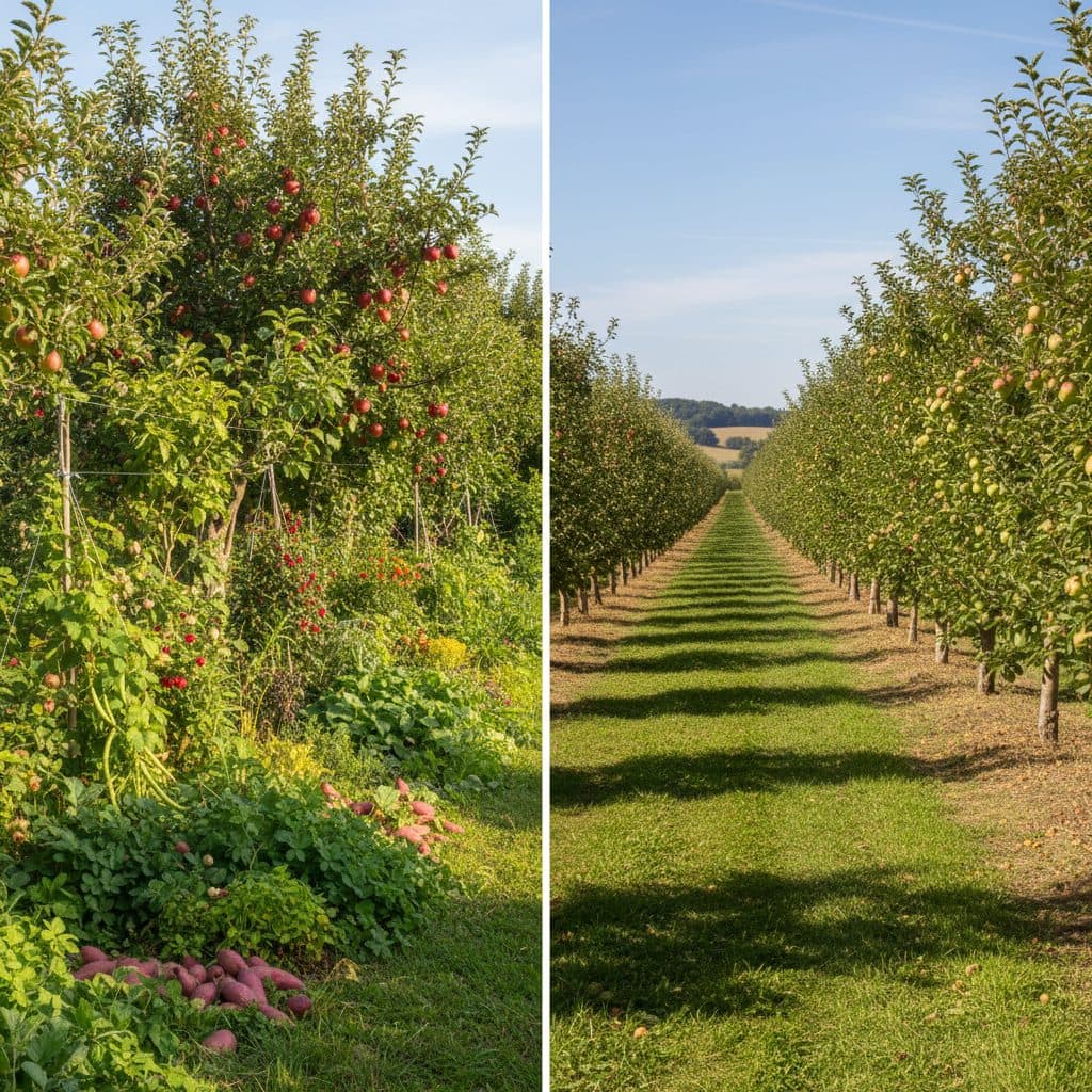 A side-by-side illustration comparing a multi-layered food forest polyculture with a traditional linear orchard of fruiting trees under sunny skies.
