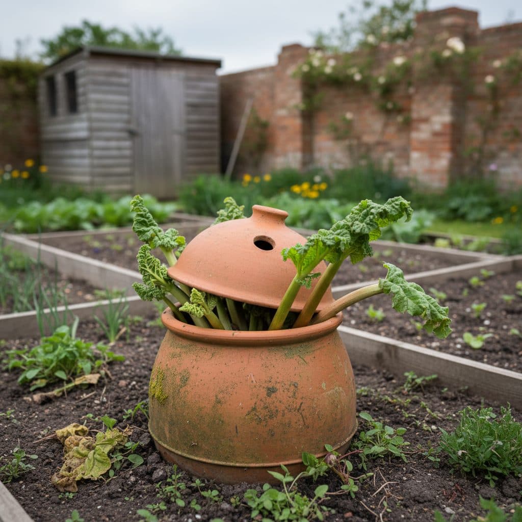 A traditional terracotta rhubarb forcer pot with its lid resting over vigorous pale pink rhubarb stalks in a British kitchen garden.